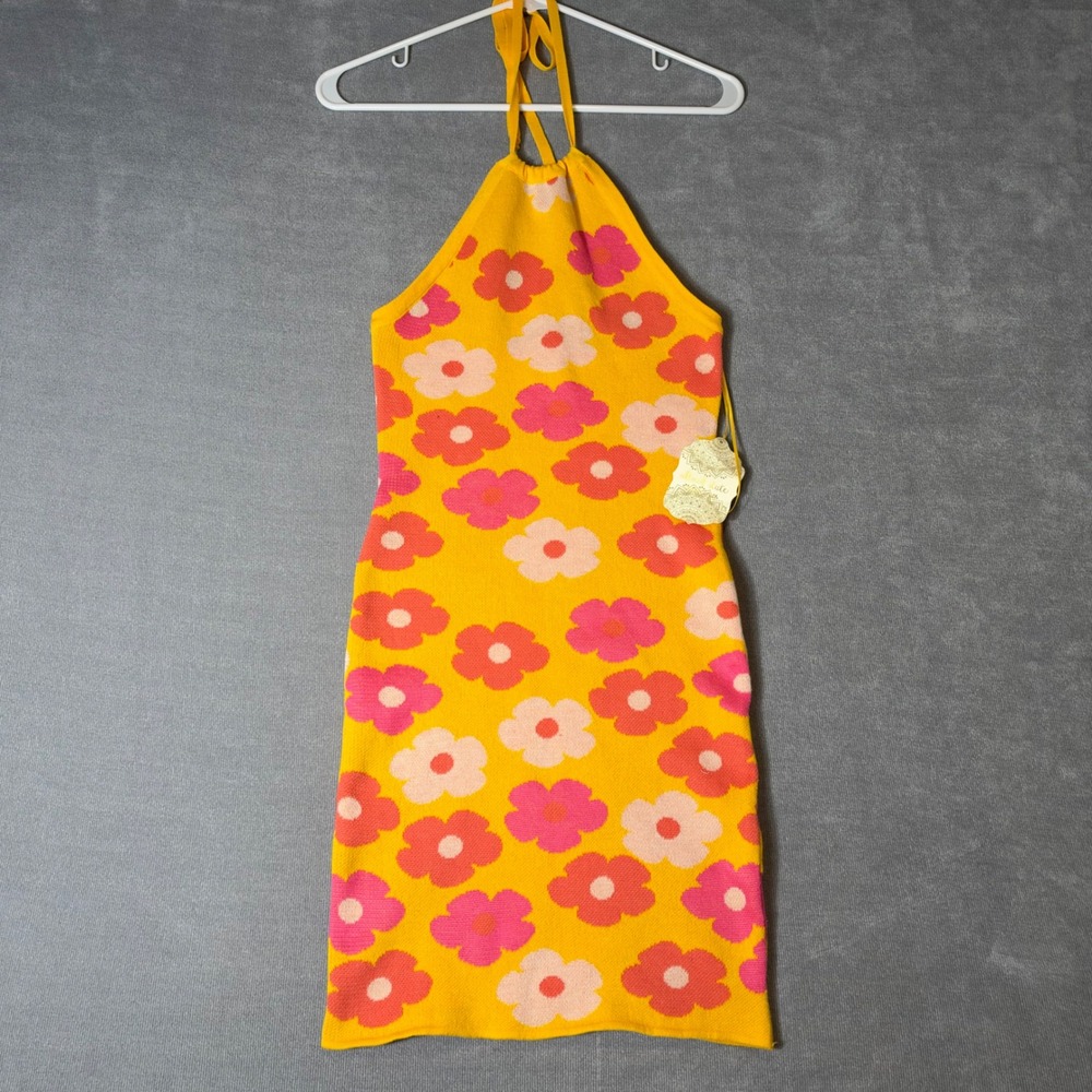 Altard State Yellow Pink Floral Knit Halter Mini Dress XS NWT
